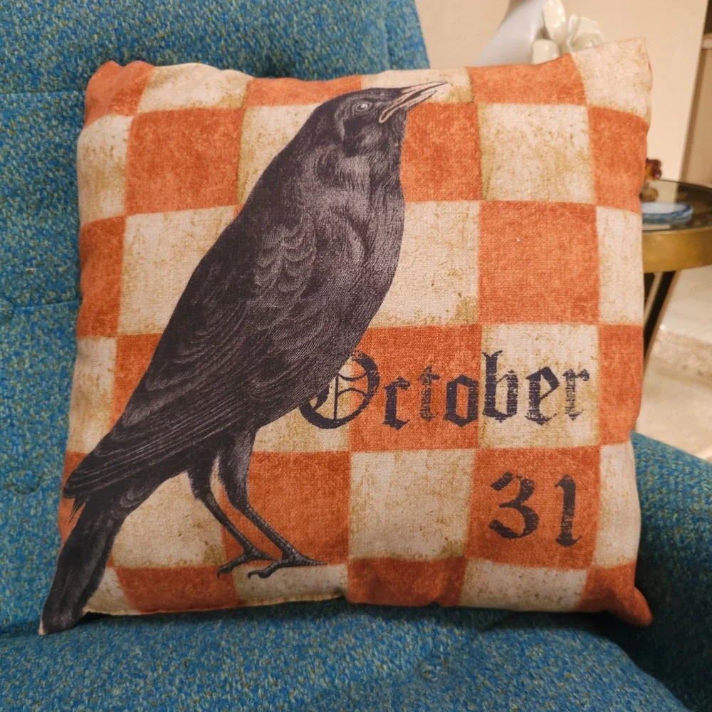 Pottery Barn Halloween Crow Raven October 31 Checkered Pillow 20